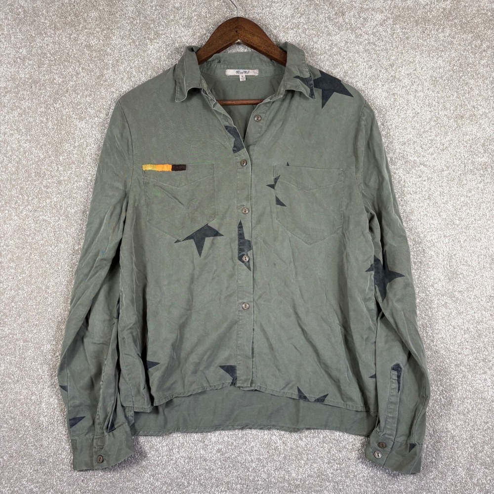 Miss Me Women Olive Green Star Print Button Down Utility Shirt Size Medium